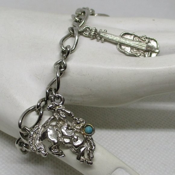 WESTERN CHARM BRACELETS Southwestern Silver Tone Charm Bracelet Turquoise Caboch - Picture 12 of 12